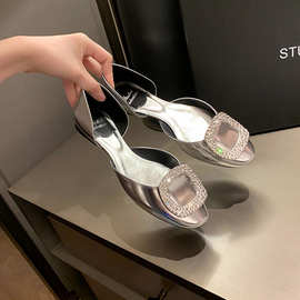 法式方扣水钻中空圆头平底浅口银色单鞋女2025夏季新款平底单鞋