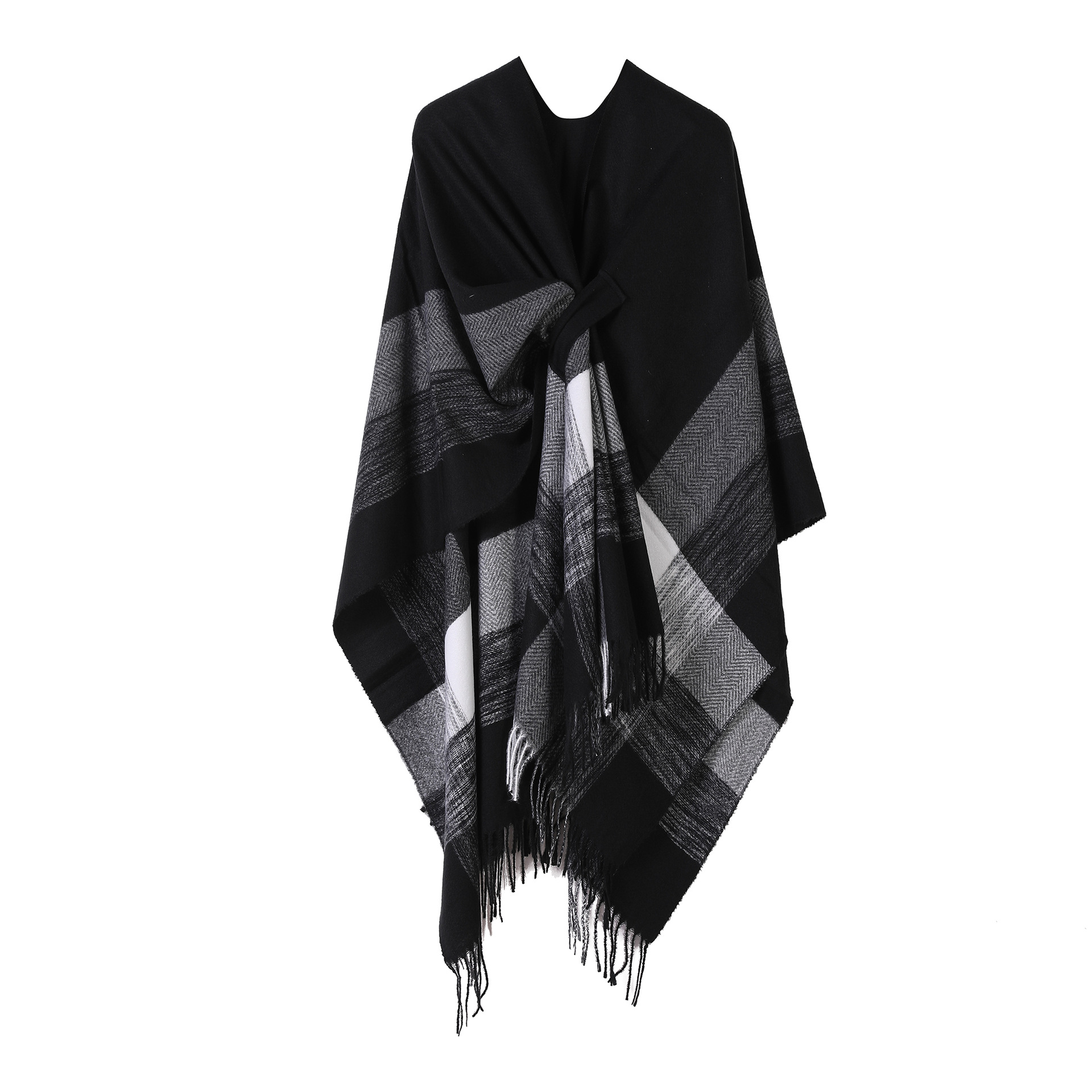 Cross-border New Tassel Cloak European and American Women's Fixed Strap Shawl Simple All-match Autumn and Winter Imitation Cashmere Scarf