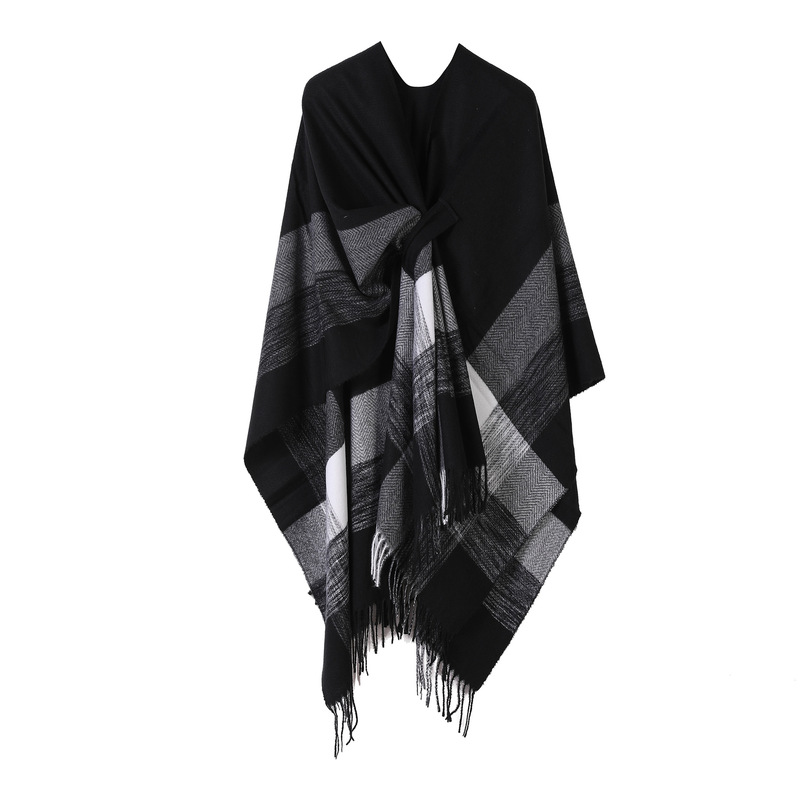Cross-border New Tassel Cloak European and American Women's Fixed Strap Shawl Simple All-match Autumn and Winter Imitation Cashmere Scarf Cross-border New Tassel Cloak European and American Women's Fixed Strap Shawl Simple All-match Autumn and Winter Imitation Cashmere Scarf