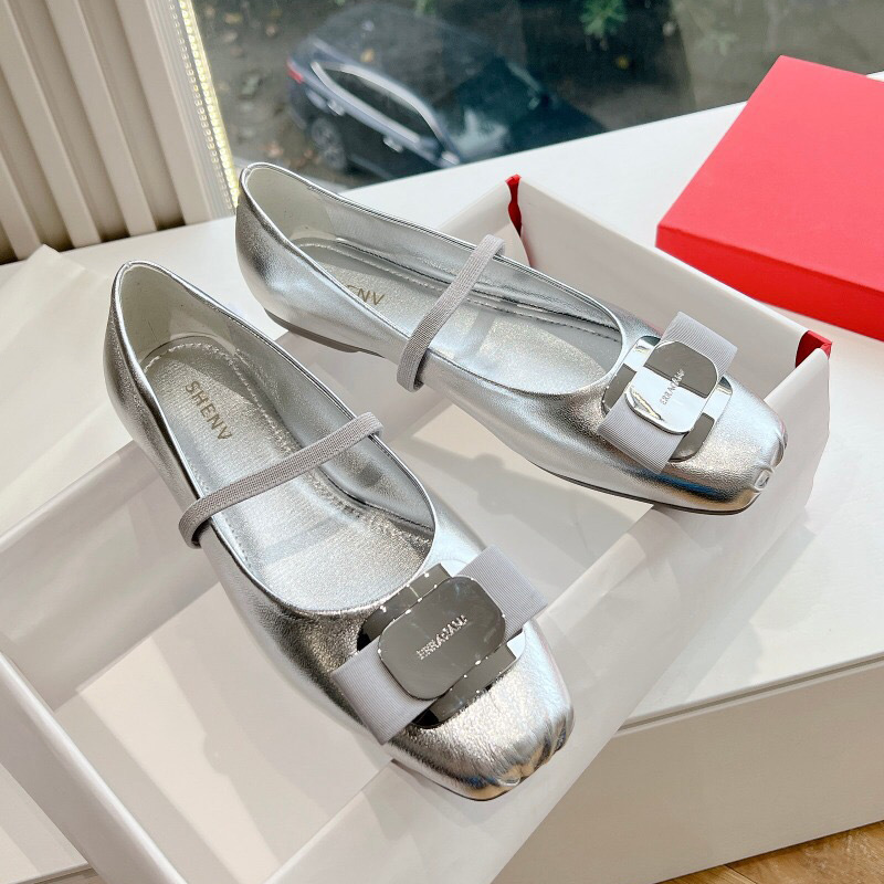 Feila silver ballet shoes women's outer wear 2024 spring new square toe flat shoes women's bow single shoes soft leather