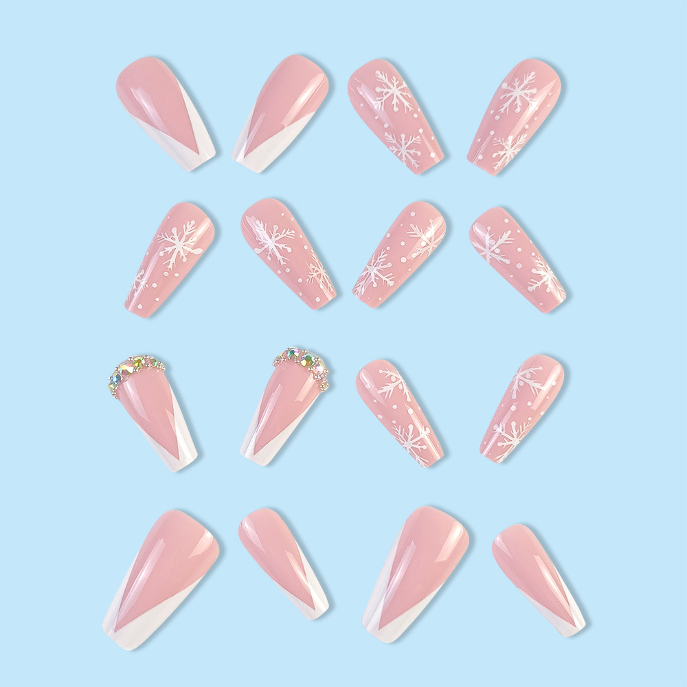 Polvo desnudo de copo de nieve decoración de uñas de Navidad venta caliente transfronteriza suave y delicada 24 piezas de parche de uñas falsas