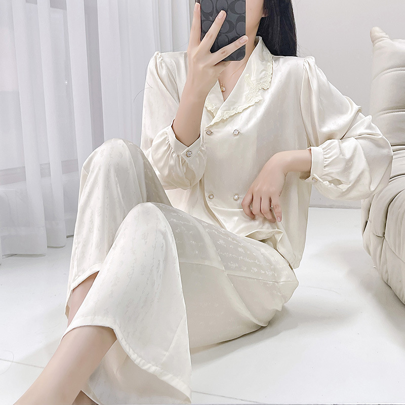 New Embroidered Ice Silk Cool Pajamas Set for Women Spring and Autumn Comfortable Long-Sleeved Trousers Summer Home Clothes Wholesale