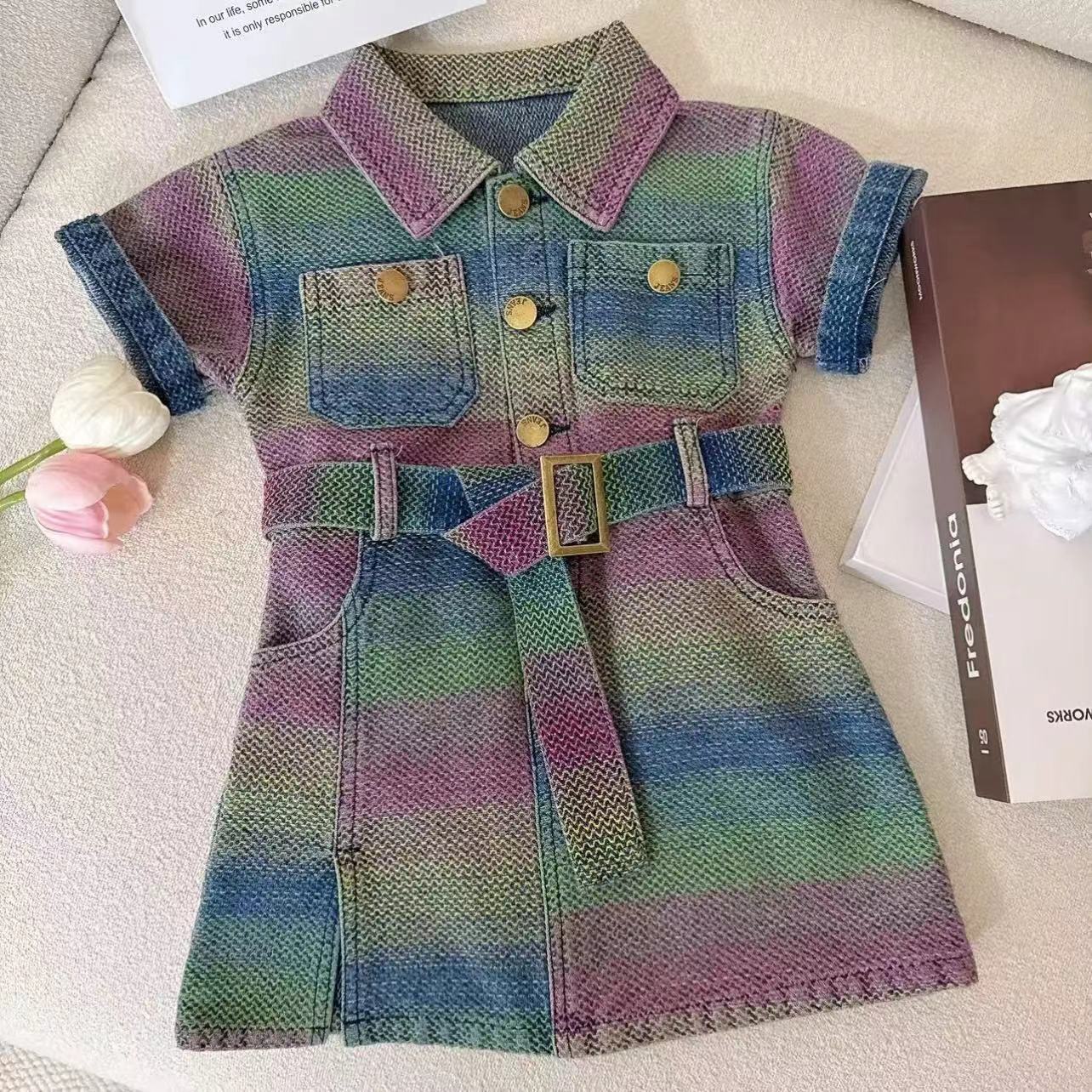 Girls' Fashionable Short-Sleeve Denim Dress 2026 Summer New Korean Style Children's Turn-Down Collar Waist-Cinching Vest Dress for Babies