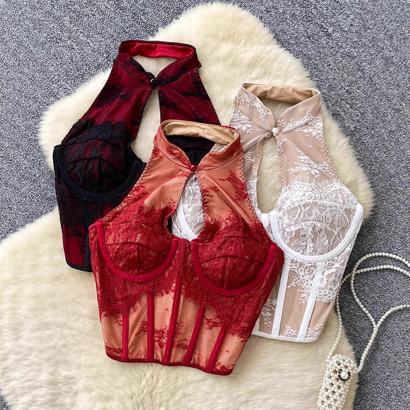 Cross-Border Hot Tops for Women 2025 Summer New Chinese Style Hollow Halter Neck Sleeveless Slimming Lace Small Back