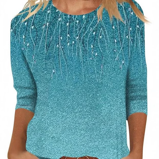 2025 весна и лето, новая женская одежда Amazon Cross-Border, модная свободная повседневная футболка с рукавом три четверти и круглым вырезом с принтом, топ