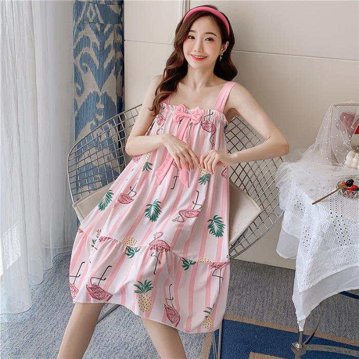 Comercio exterior 2023 correa de verano flojo camisón las mujeres largas dibujos animados arco dulce pijamas desgaste del hogar