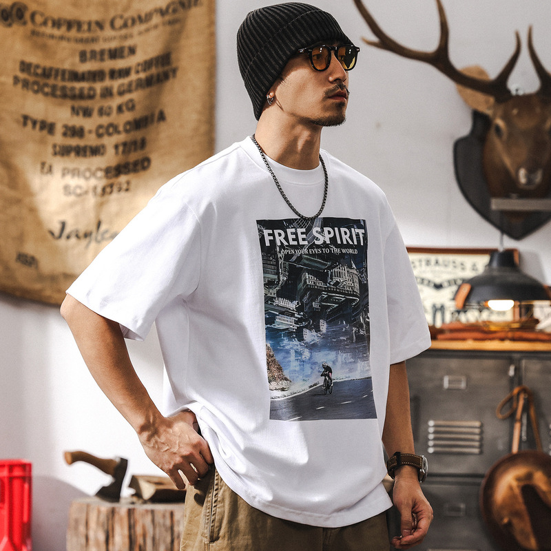 300g Heavyweight T-Shirt Men's Short-Sleeved Summer 2025 New Trendyy White Ink Direct Spray Printed Half-Sleeved Top Men's White
