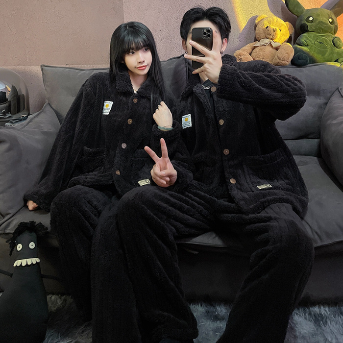 Superior coral azul pijamas pareja de felpa solapa Otoño e Invierno cardigan manga larga engrosada caliente desgaste del hogar traje