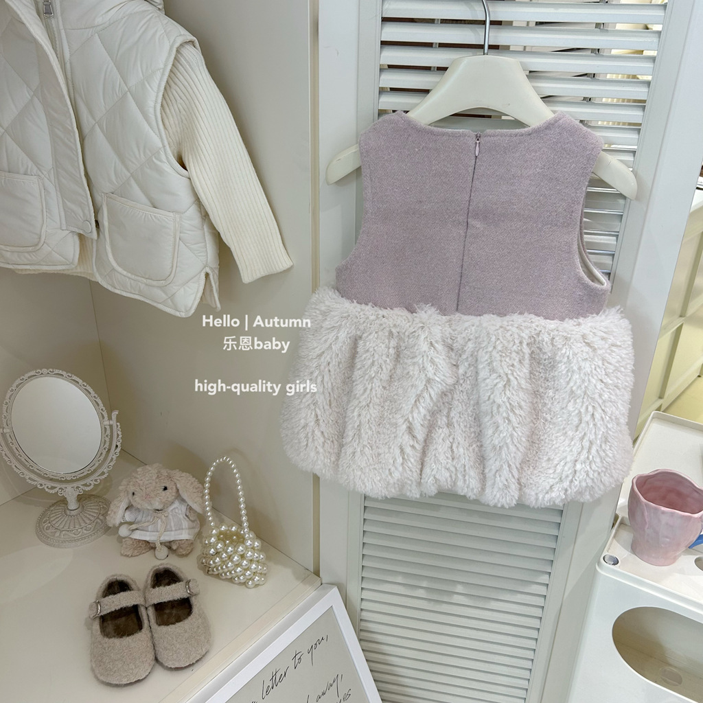 [Ropa para niños Le En] Nuevo estilo de otoño e invierno para niñas, falda de chaleco de lana rosa occidental y terciopelo, vestido de moda de todo fósforo