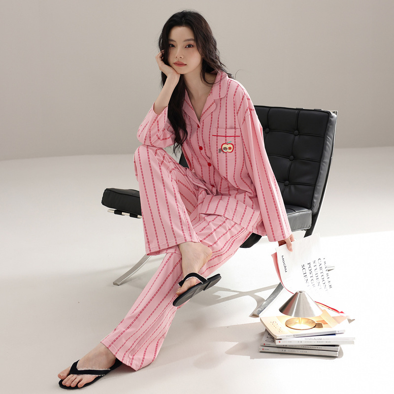 Women's pajamas for spring and autumn, pure cotton long-sleeve cardigan, high-end, can be worn outside, women's striped home wear, all-cotton set Women's pajamas for spring and autumn, pure cotton long-sleeve cardigan, high-end, can be worn outside, women's striped home wear, all-cotton set