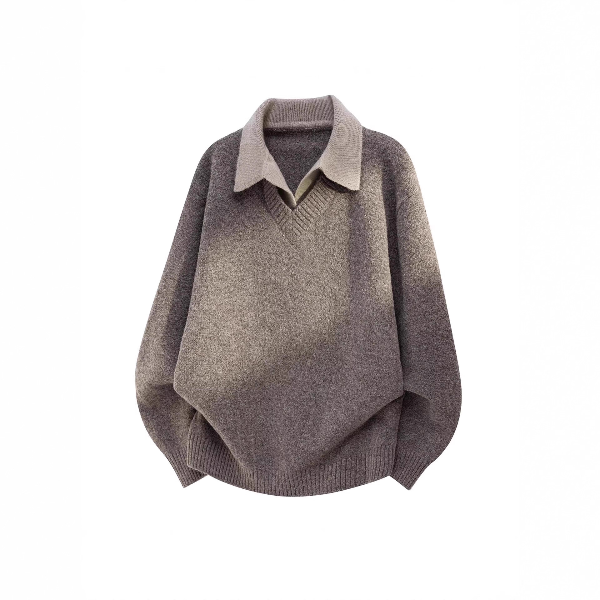 Dropshipping Men's Autumn and Winter Loose Couple's Old Money Style Fake Two-Piece Polo Collar Knit Sweater Wholesale