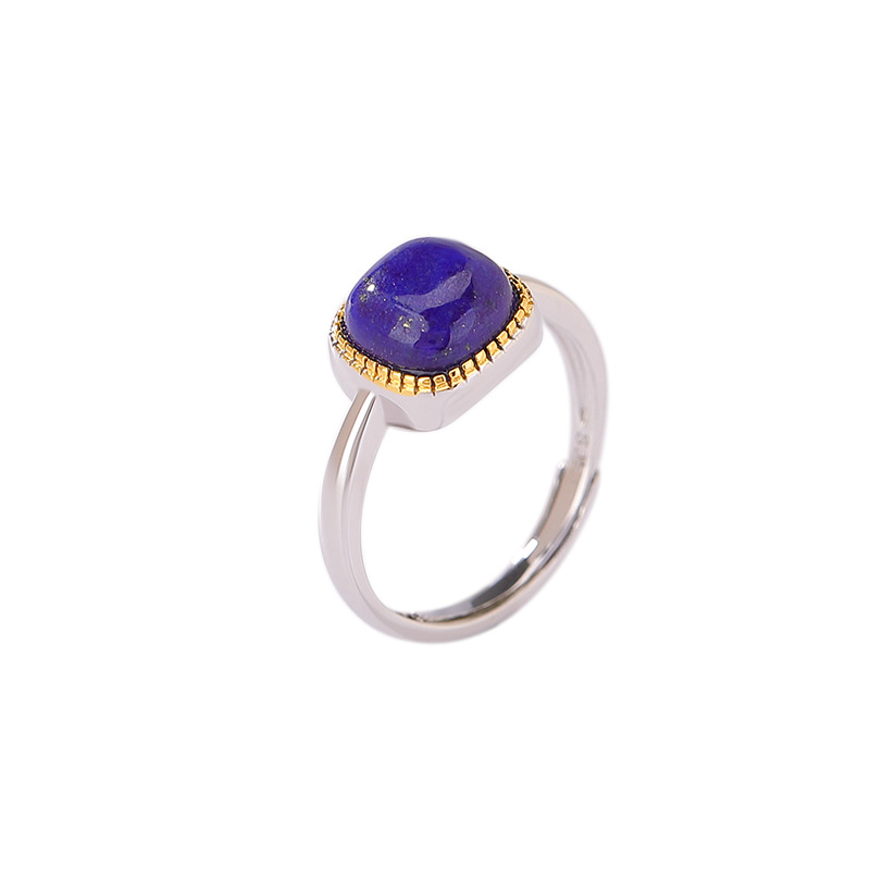 Nhẫn bạc S925 mạ vàng đá lapis xanh vuông phong cách sang trọng — Mở một size