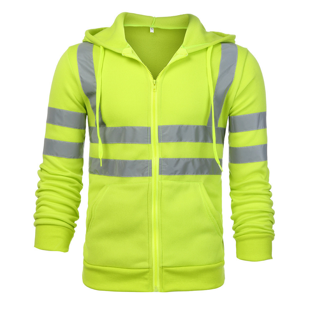 Men's Clothing reflective strip plus velvet sweatshirt outdoor sanitation work clothes zipper hooded color matching sweatshirt jacket_voghion.com