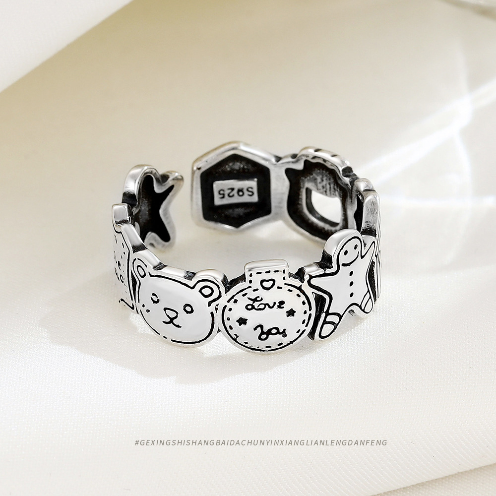 ins Niche jewelry s925 Sterling Silver Retro Cartoon Gingerbread Man Ring Korean personality Simplicity Opening Ring