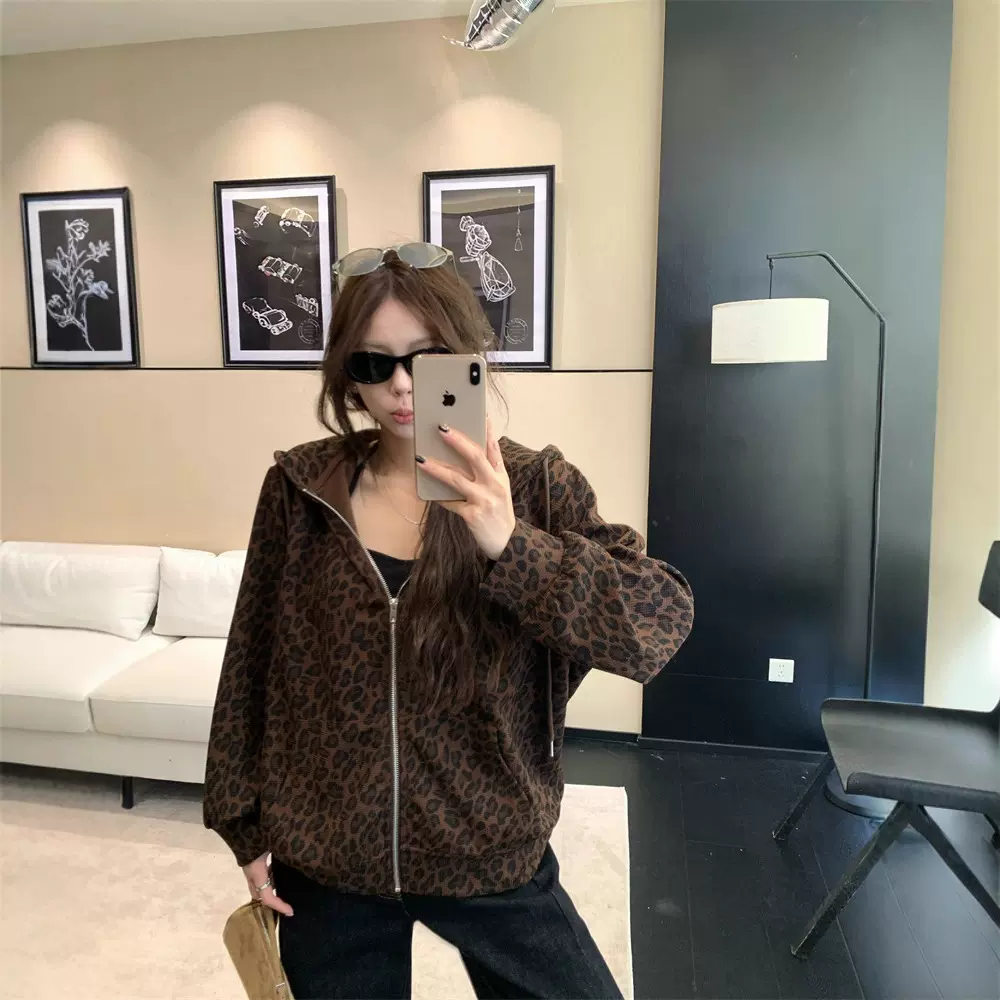 实拍~美式复古早秋连帽拉链豹纹休闲卫衣外套女宽松韩系上衣女装