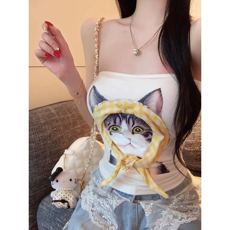 2025 Новый сладкий и пряный топ с принтом кошки, женский летний короткий топ для похудения с подкладкой для груди