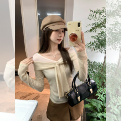 一字肩网纱拼接撞色绑带长袖T恤女2025初秋季修身显瘦打底衫上衣