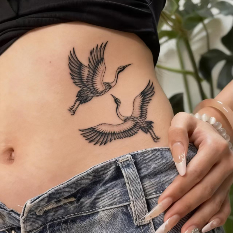 Black Double Crane Waist and Abdomen Tattoo Sticker, Waterproof and Long-Lasting, Women's Ins Style, High-End Tattoo Sticker Black Double Crane Waist and Abdomen Tattoo Sticker, Waterproof and Long-Lasting, Women's Ins Style, High-End Tattoo Sticker