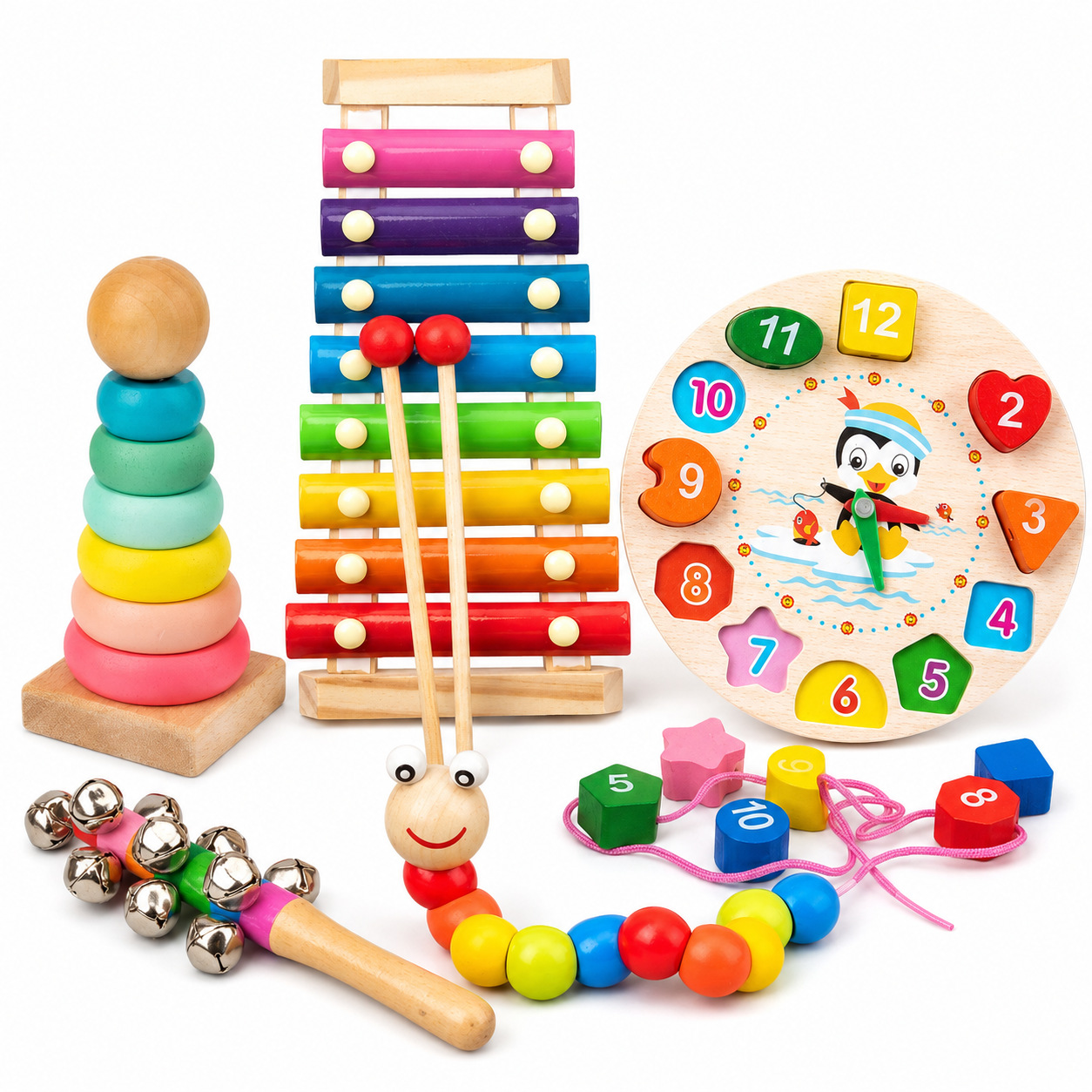Juguetes educativos de madera para la primera infancia, laberinto de cuentas para bebés, instrumento musical de ocho tonos, reloj despertador, juego de percusión, juguetes de madera image 23