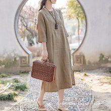 尾单复古亚麻刺绣改良旗袍女宽松显瘦气质棉麻连衣裙