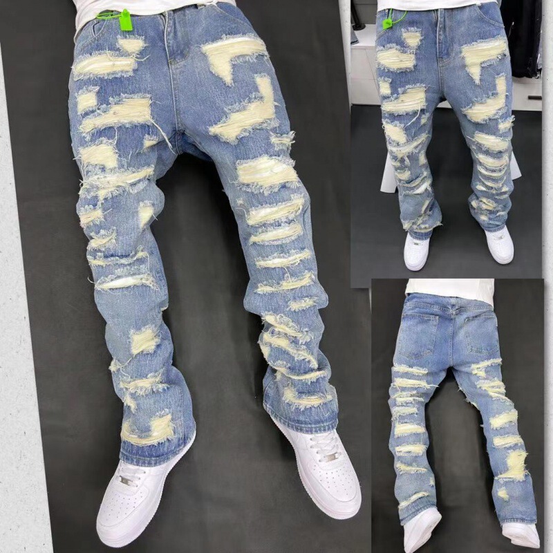 High Street Sense Design fit Retro Heavy Industry Erosion Ripped Pants ean Jeans Destroy Foreign Trade American Patch cl