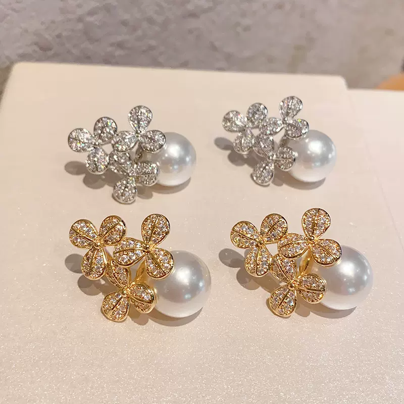 跨境花朵花卉仿珍珠耳环女 优雅气质小清新饰品 跨境小香风热卖款
