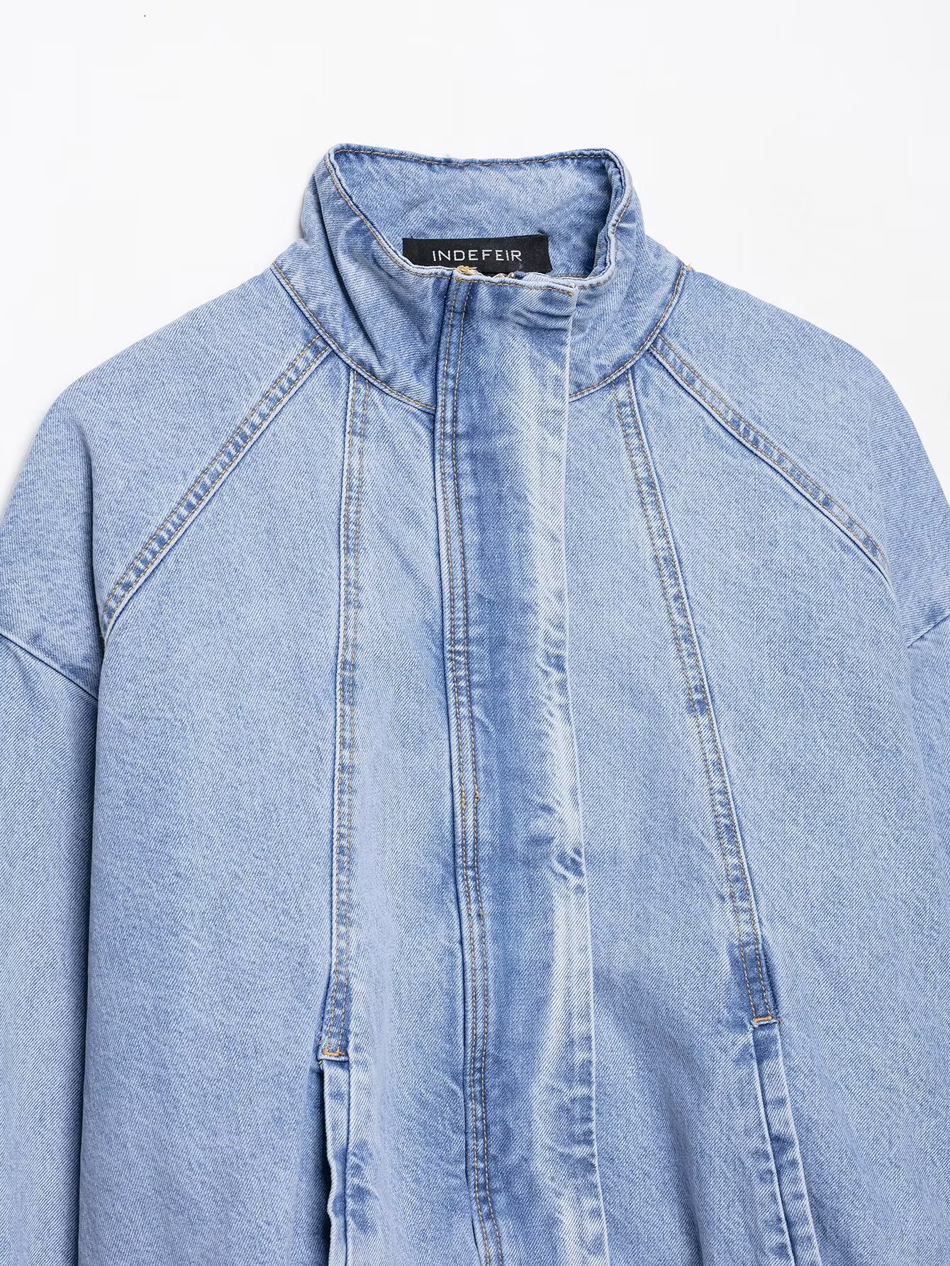 Women's High Neck Denim Jacket Long Sleeved American Street Style Versatile Wholesale Clothing for Autumn Winter New Arrivals_mkmklike.com