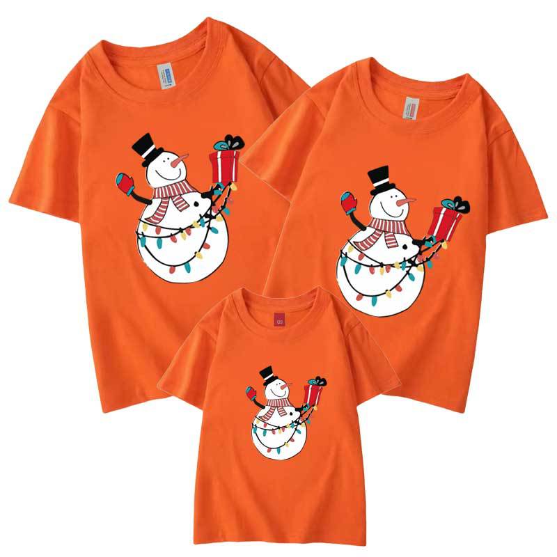 Día de Año Nuevo Navidad Muñeco de nieve autoproducido y vendido algodón refinado ropa para padres e hijos de venta rápida ropa para niños manga corta cuello redondo Camiseta al por mayor familia