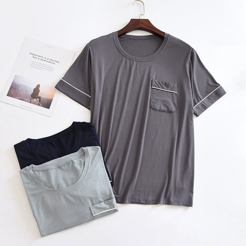 Летняя тонкая мужская пижама из модала с коротким рукавом, простая Однотонная футболка с круглым вырезом, карман, можно носить повседневную с половинным рукавом