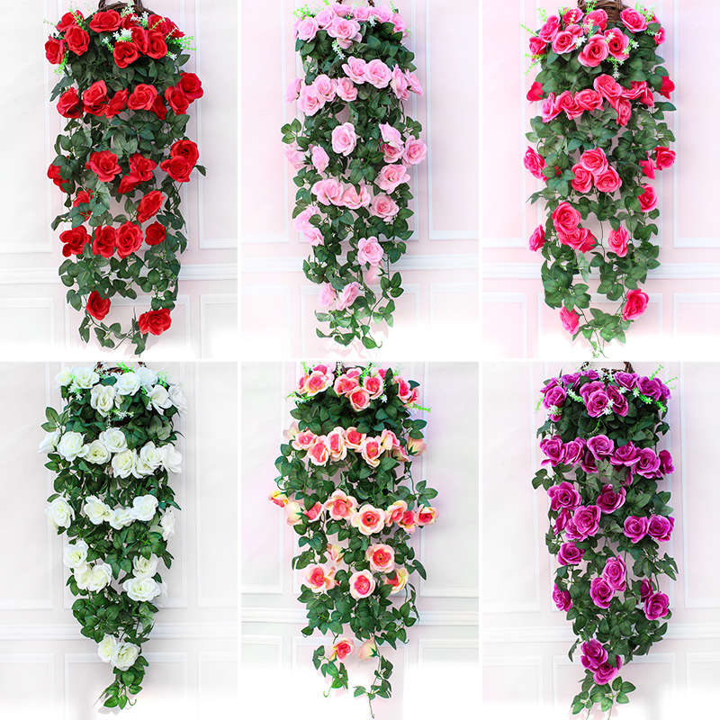Guirnalda de rosas artificiales para colgar en la pared, planta verde artificial para interiores, planta colgante artificial para sala de estar, decoración para balcón y jardín.