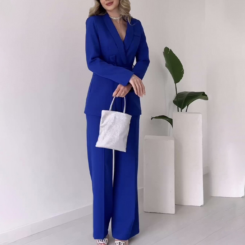 GraceChic Cross-Border European And American Trade Solid Color Elegant Waist-Tie Slim Fit Blazer With Straight-Leg Flared Suit_voghion.com