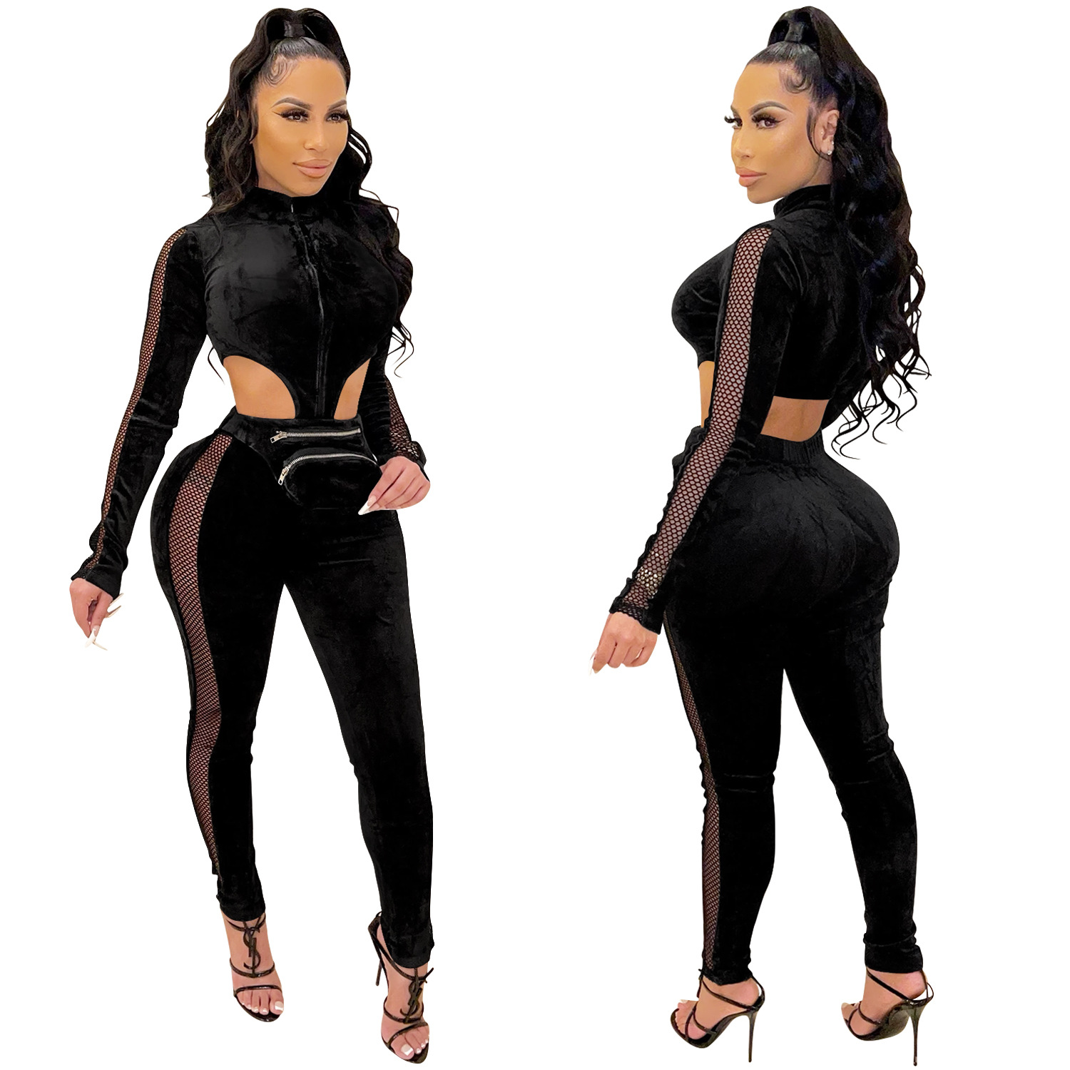 Velet See-Through Zipper Long-Sleeved Hollow Jumpsuit NSFYZ113206