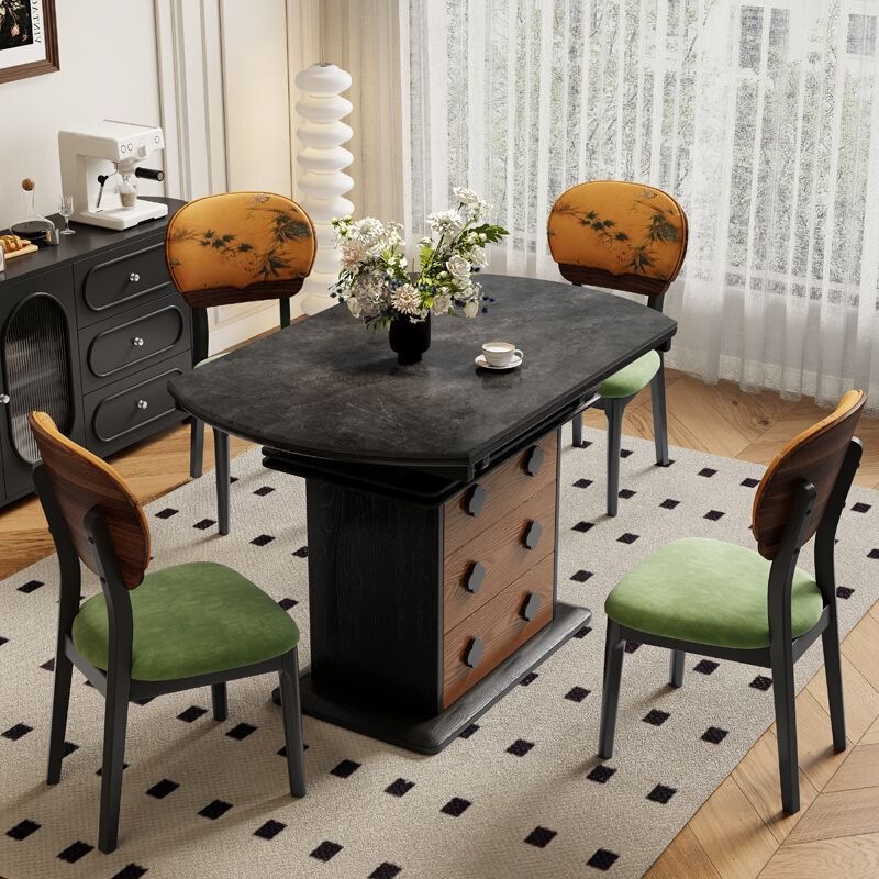 French-Style Vintage Solid Wood Dining Table and Chair Set, Antique-Style Home-Use Rectangular and Round Dual-Purpose Extendable Folding Dining Table