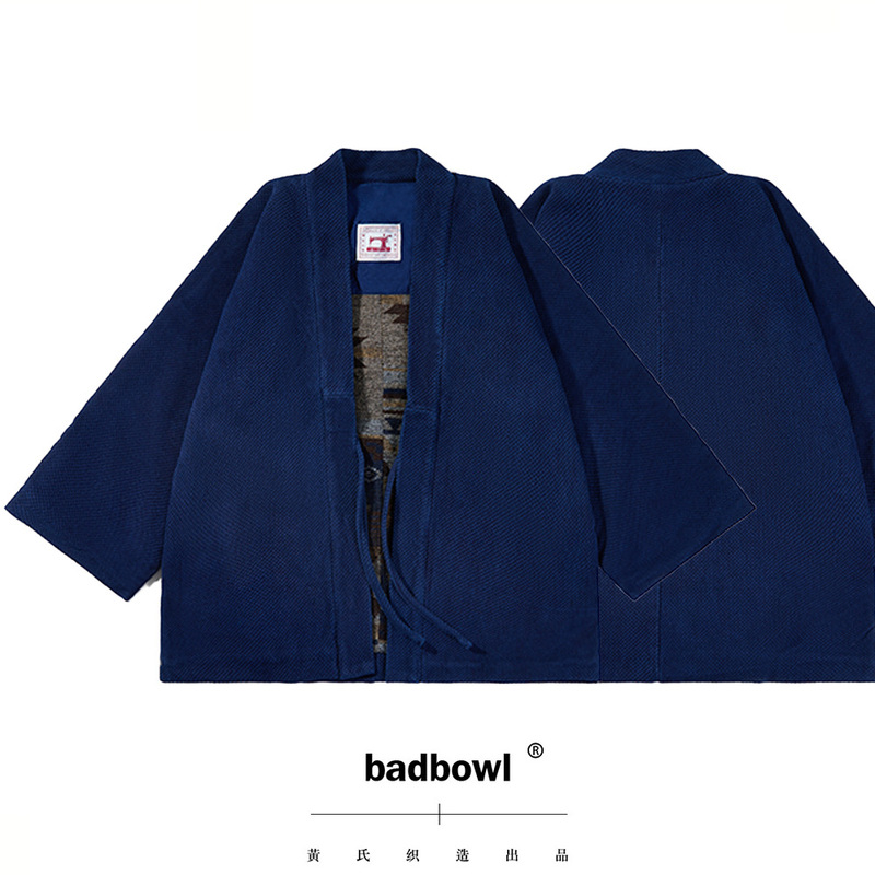 Huang's Woven Indigo Blue-Dyed Taoist Robe Japanese-Style Loose Raglan Kimono Retro Three-Quarter Sleeve Shirt Jacket Workwear