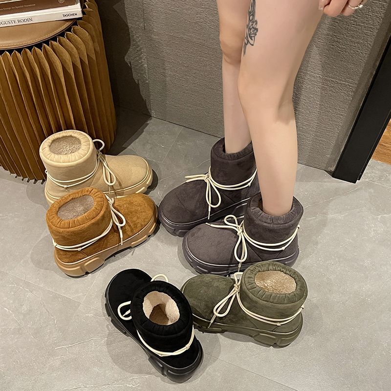 Women's Winter Korean Style Trendy Lace-Up Thick-Soled Eva Height-Increasing Outdoor Non-Slip High-Top Warm Snow Boots for Outdoor Wear