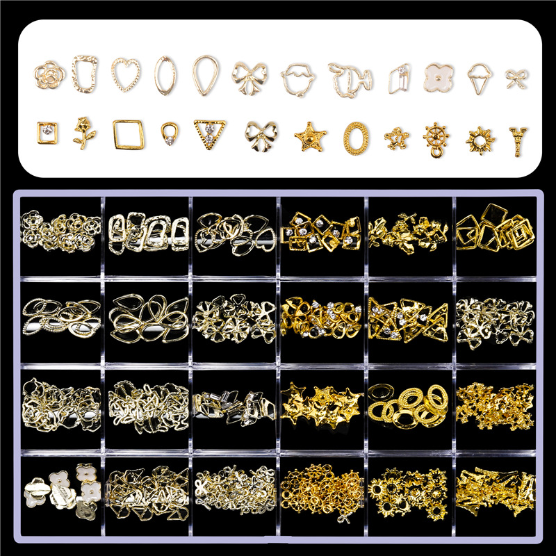 24 rejilla de uñas decoraciones mixtas remache de Cristal Oso arco tienda conjunto completo de joyería de uñas DIY