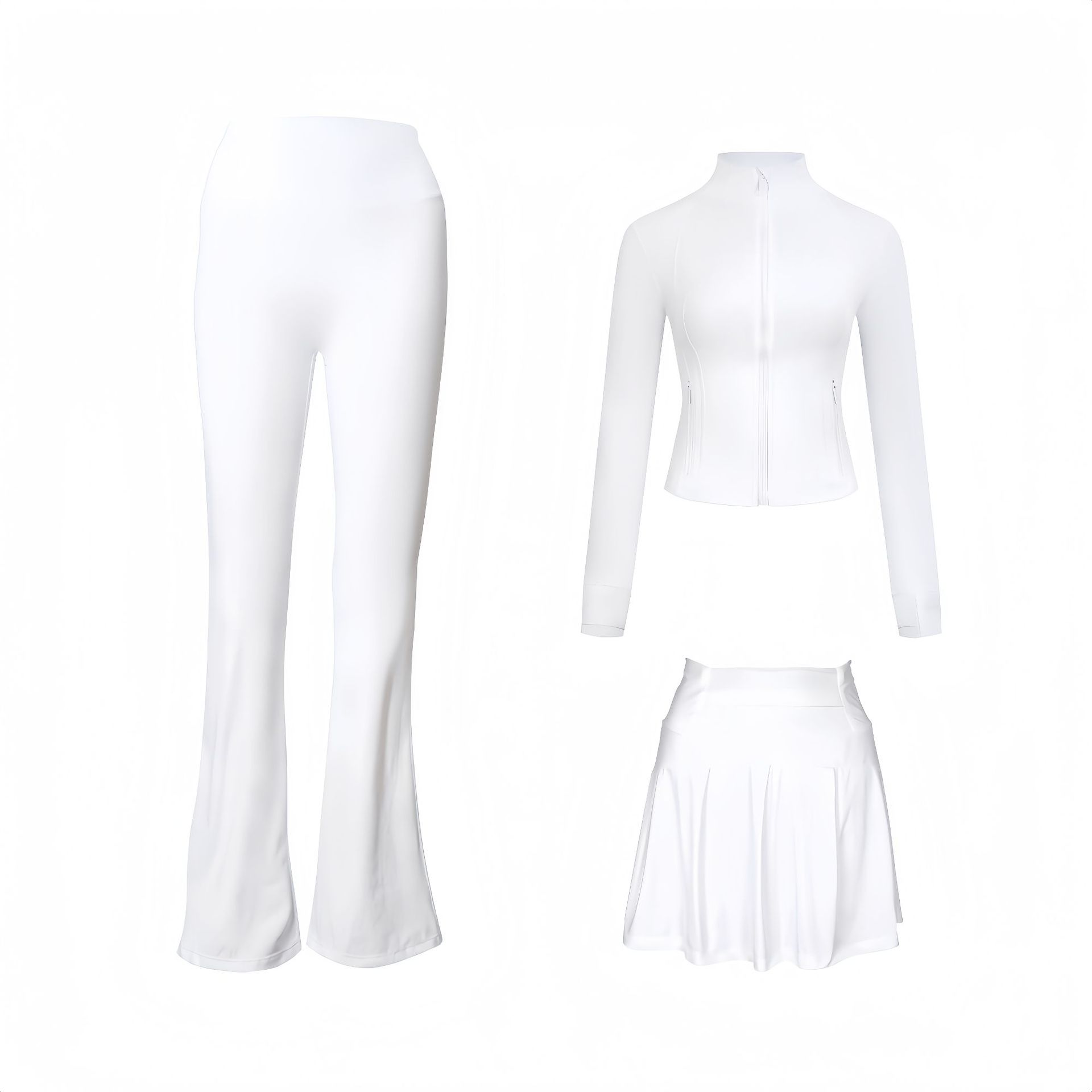 Women's Cropped Jacket & Mini Skirt & Flare Pants 3-Piece Set – Stretchy Activewear For Yoga, Running & Street Style (Nylon Blend, Slim Fit)_voghion.com