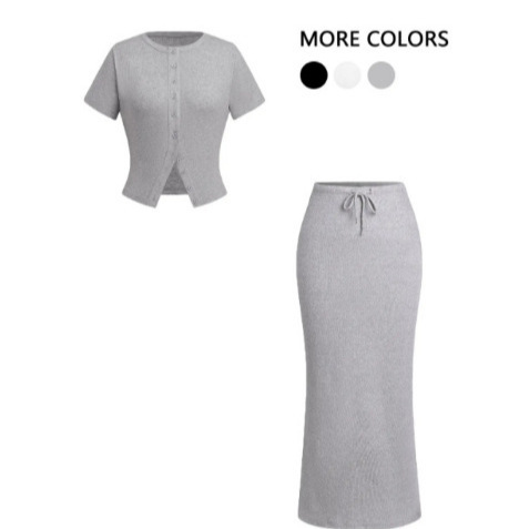 2025 夏の新スタイル AliExpress Amazon ヨーロッパとアメリカの貿易スリムセクシーなボタン半袖ロングスカートスーツ女性のための|undefined