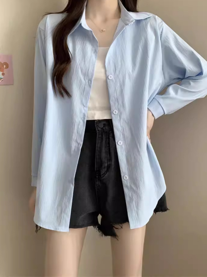 폴로 칼라 긴 소매 셔츠 여성의 2024 년 봄과 가을 새로운 디자인 감각 틈새 단색 긴 느슨한 탑 여성