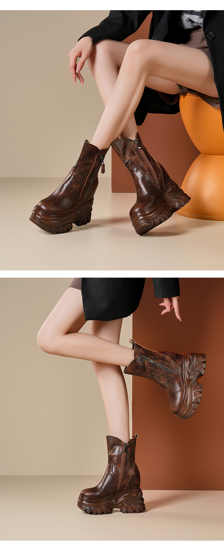 Boot nữ cổ thấp đế tăng chiều cao 14 cm phong cách cổ điển, dáng ôm chân, mũi tròn — Lót nhung đen chi tiết 6