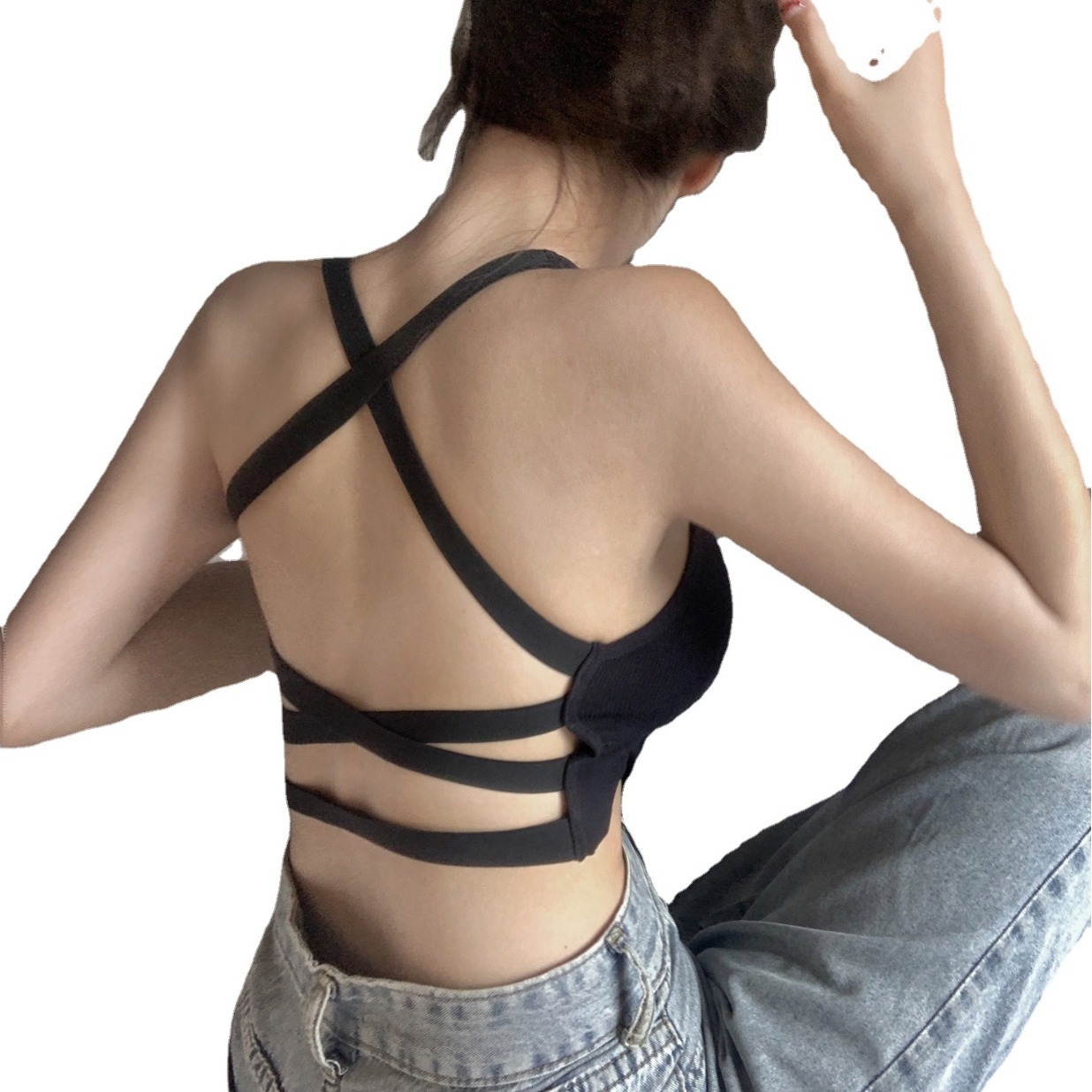 Hot Girl nightclub sexy belleza volver Cruz pequeña camisola mujeres pecho pad push up bottoming verano desgaste exterior tubo superior de punto