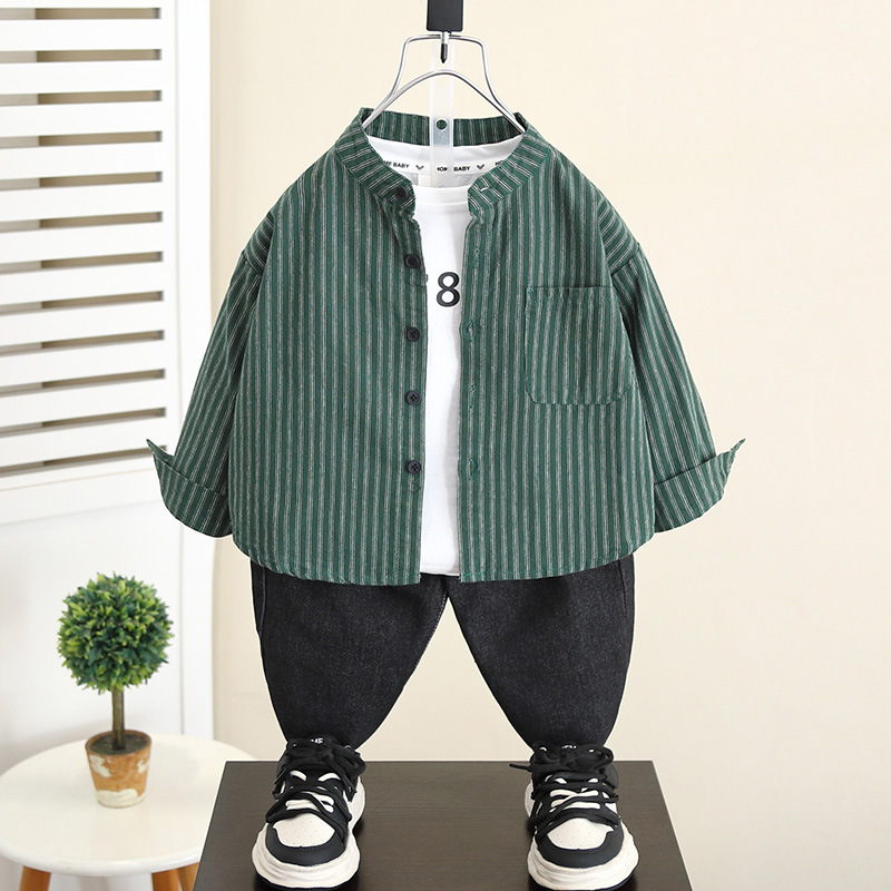5842 Camisa de manga larga para niños Estilo de primavera y otoño 2024 Nuevo estilo Chaqueta de camisa a rayas de otoño para niños