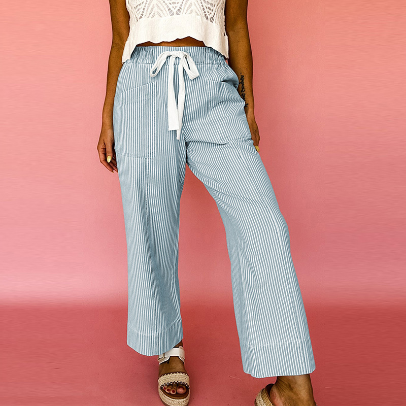 Autumn New High-Waisted Drawstring Jeans for Women European and American Casual Style Striped Printed Straight Pants for Women Dropshipping