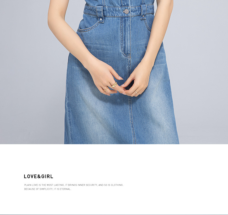 Váy denim cổ điển dáng dài không tay, thắt eo tôn dáng — Xanh lam hoài cổ chi tiết 23