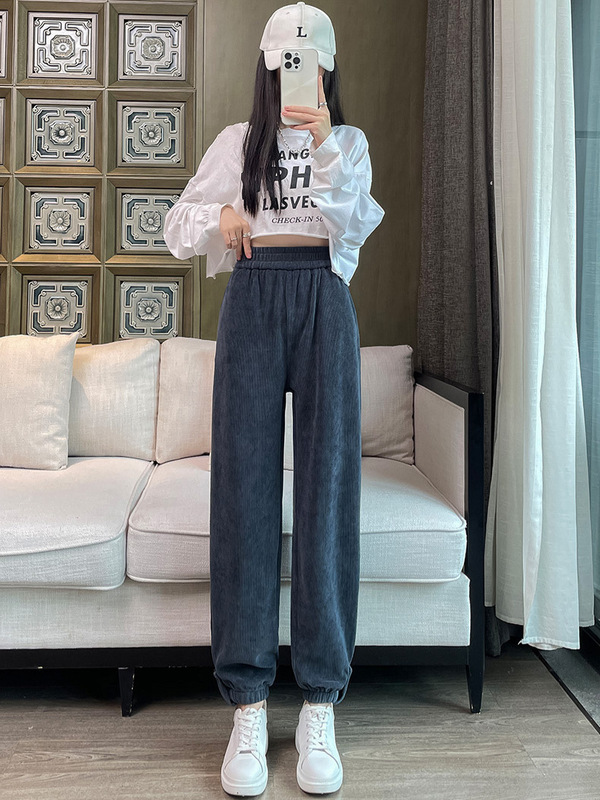 加绒加厚运动裤女秋冬季大码雪尼尔高腰束脚显瘦休闲哈伦萝卜长裤|undefined