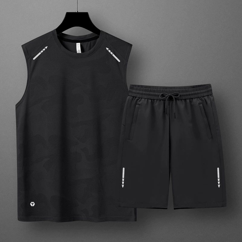 Тонкий спортивный костюм из ледяного шелка для мужчин, летний свободный быстросохнущий комплект для бега: безрукавка и шорты, двухсоставной быстросохнущий набор