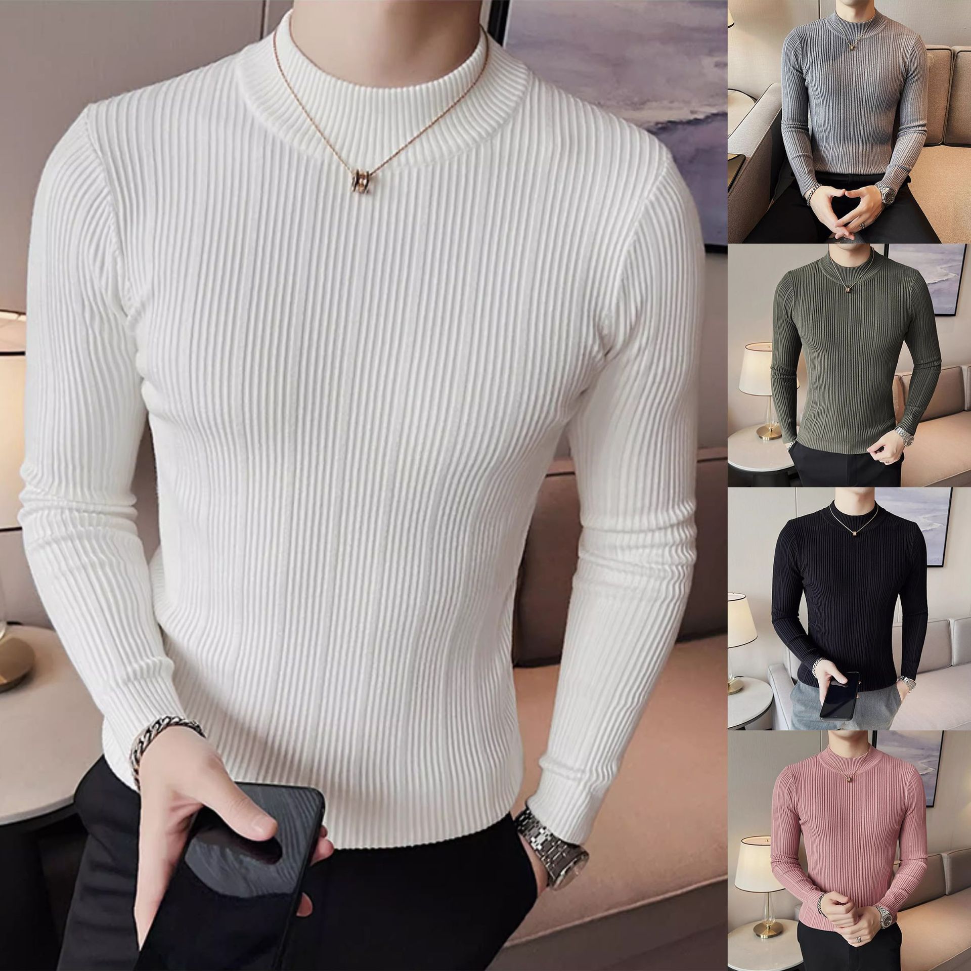 Camiseta de punto de cuello de media altura camiseta de manga larga hombre viejo dinero estilo de negocios delgado color sólido en primavera y otoño fábrica transfronteriza al por mayor