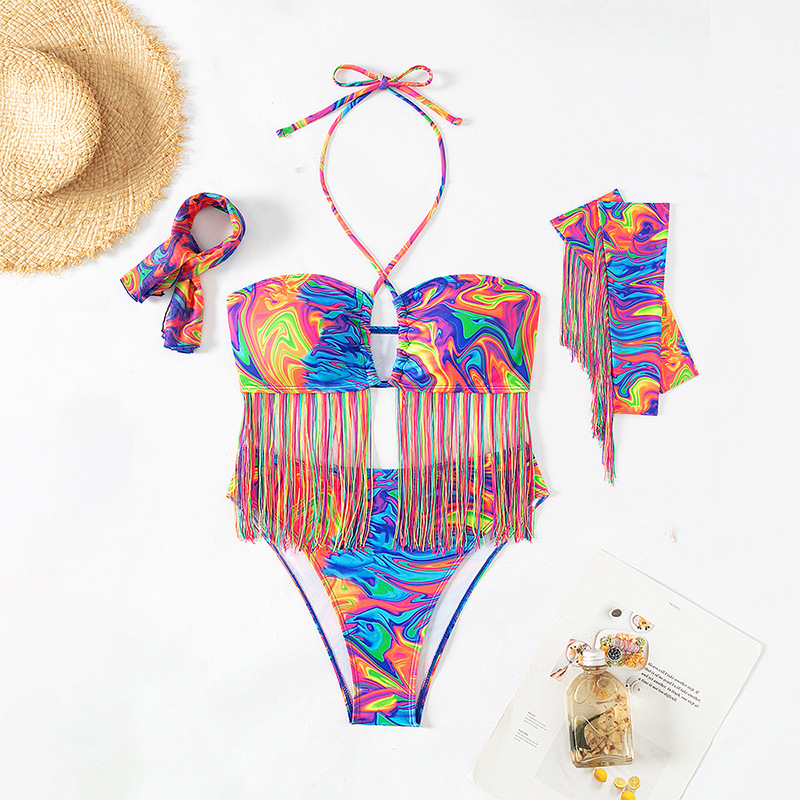 Swimsuit top with fringe tassels and halter strap view