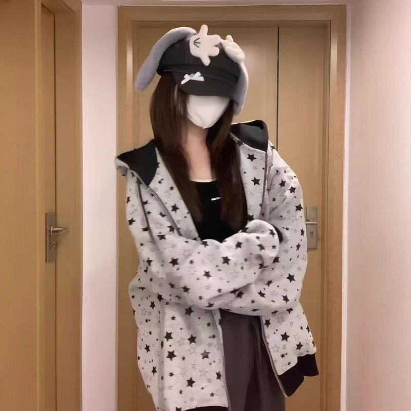 美式街头满印星星开衫连帽卫衣外套女2025春秋新款宽松设计感上衣|undefined