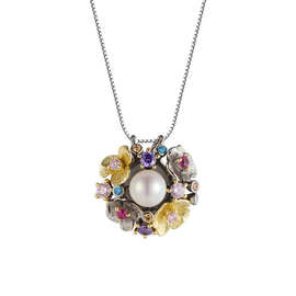 泰可泰S925银人工淡水珍珠圆珠花朵吊坠女欧美复古风个性设计项链